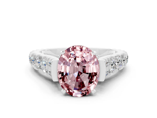Silver Oval Cut Morganite Classic Solitaire Ring with Pavé Band and Four-Prong Setting