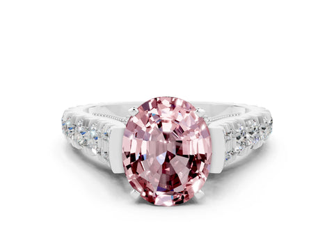 White gold Oval Cut Morganite Classic Solitaire Ring with Pavé Band and Four-Prong Setting