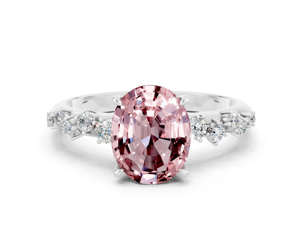 Platinum Oval Cut Morganite Cluster Side Stone Solitaire Ring with Prong Setting