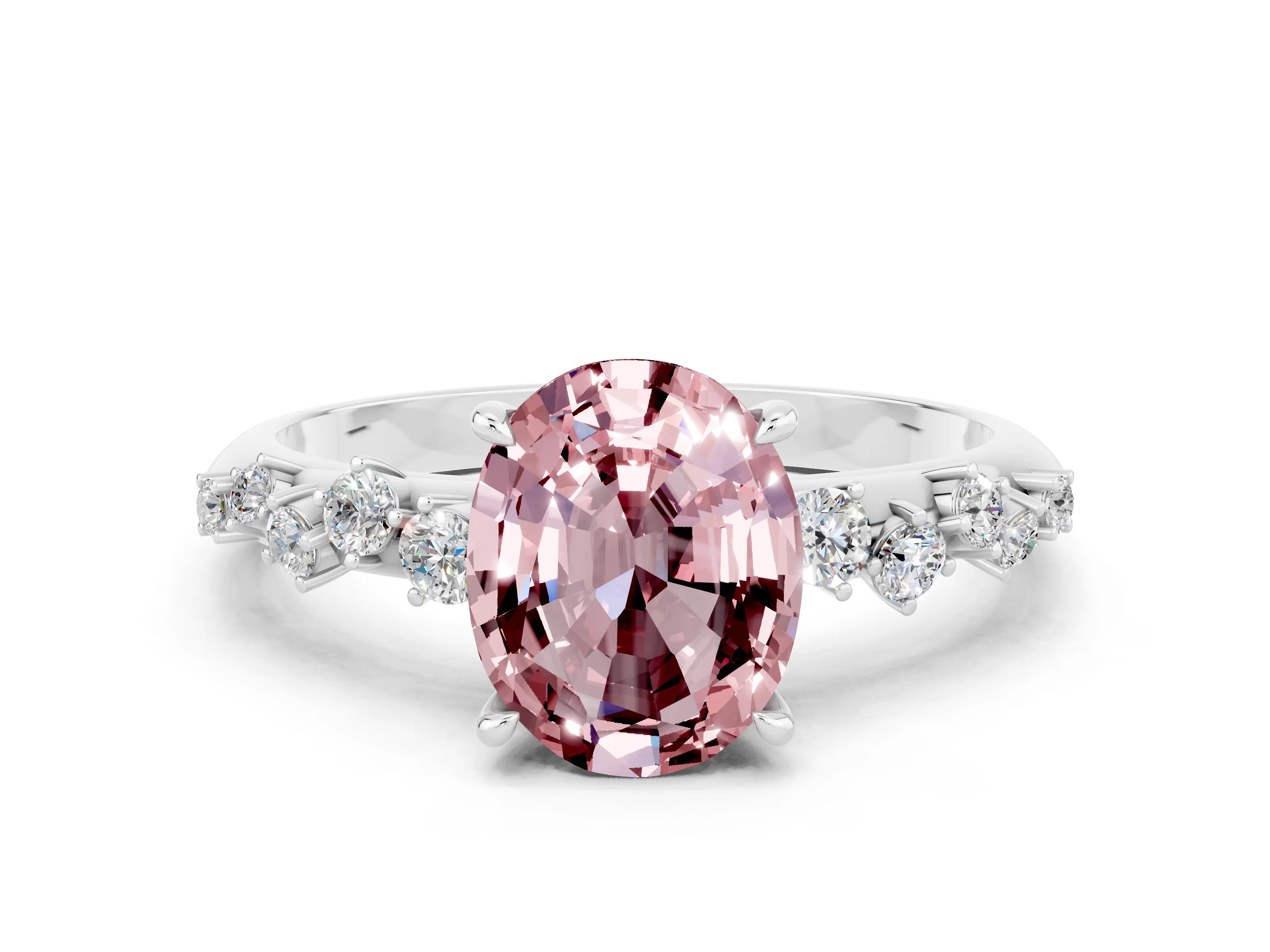 White gold Oval Cut Morganite Cluster Side Stone Solitaire Ring with Prong Setting_24