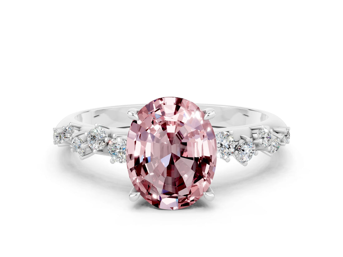 White gold Oval Cut Morganite Cluster Side Stone Solitaire Ring with Prong Setting_24