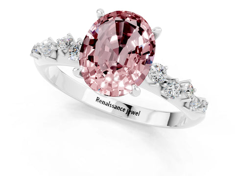 White gold Oval Cut Morganite Cluster Side Stone Solitaire Ring with Prong Setting_25
