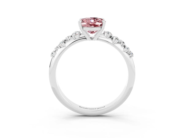 White gold Oval Cut Morganite Cluster Side Stone Solitaire Ring with Prong Setting