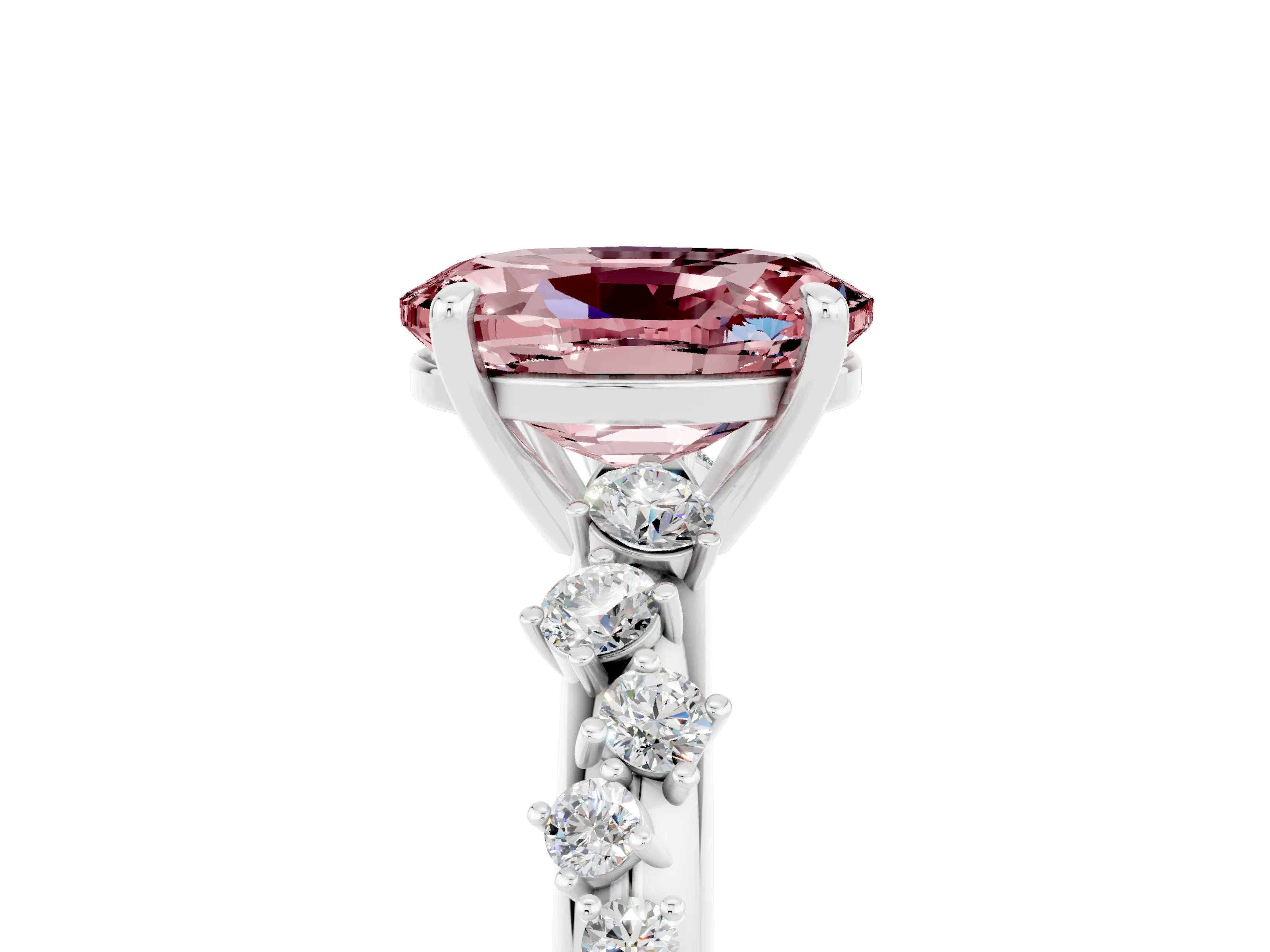 White gold Oval Cut Morganite Cluster Side Stone Solitaire Ring with Prong Setting_29
