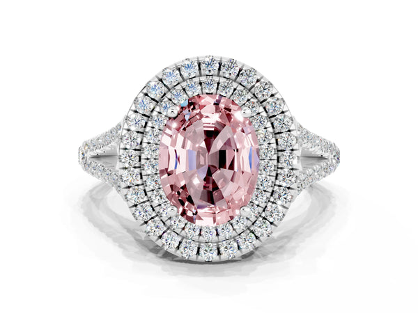 Silver Oval Cut Morganite Double Halo Ring with Pavé Band and Prong Setting