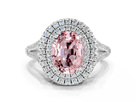 White gold Oval Cut Morganite Double Halo Ring with Pavé Band and Prong Setting_12