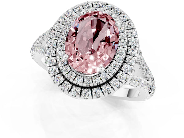 Platinum Oval Cut Morganite Double Halo Ring with Pavé Band and Prong Setting