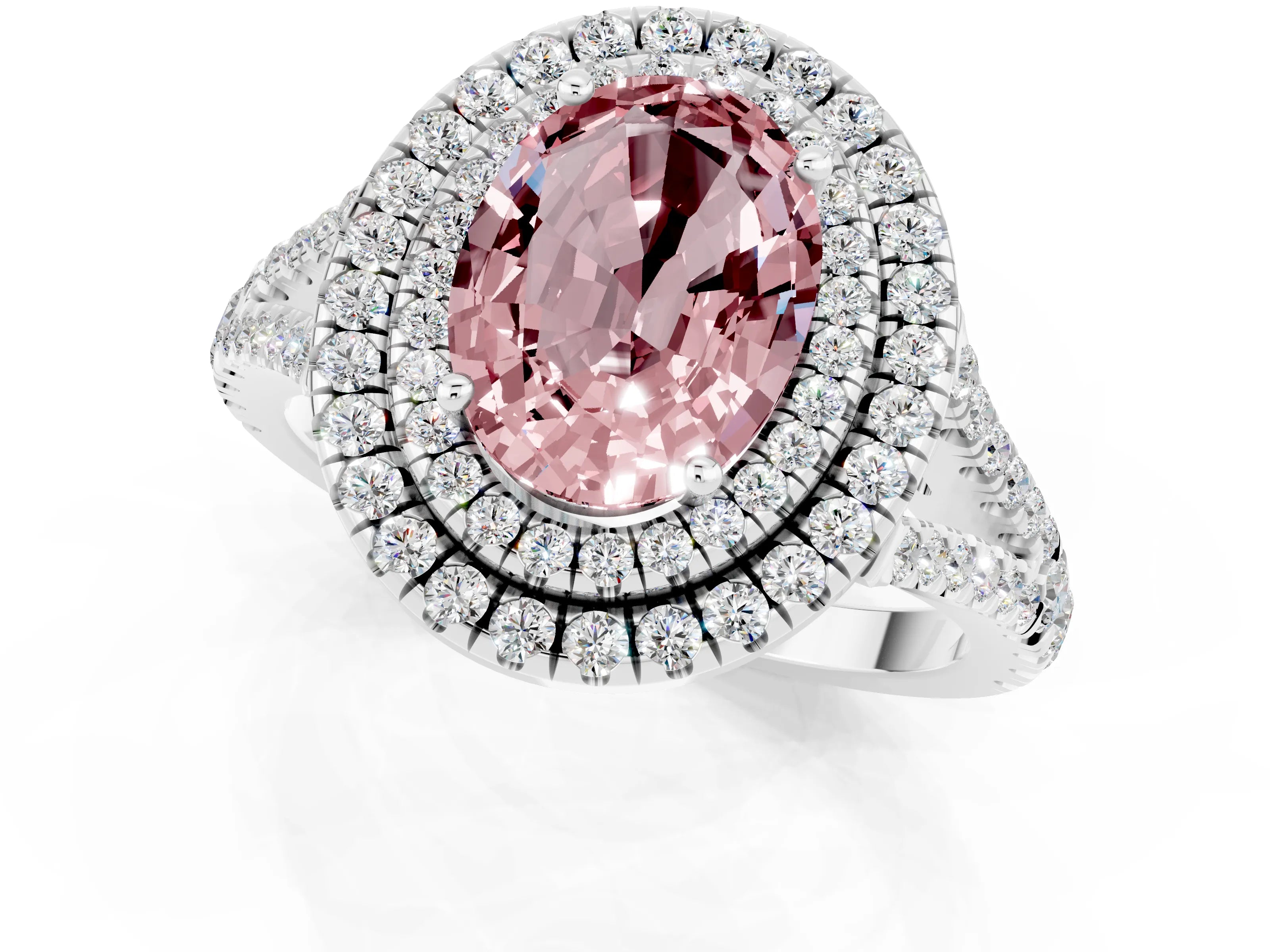 White gold Oval Cut Morganite Double Halo Ring with Pavé Band and Prong Setting_13