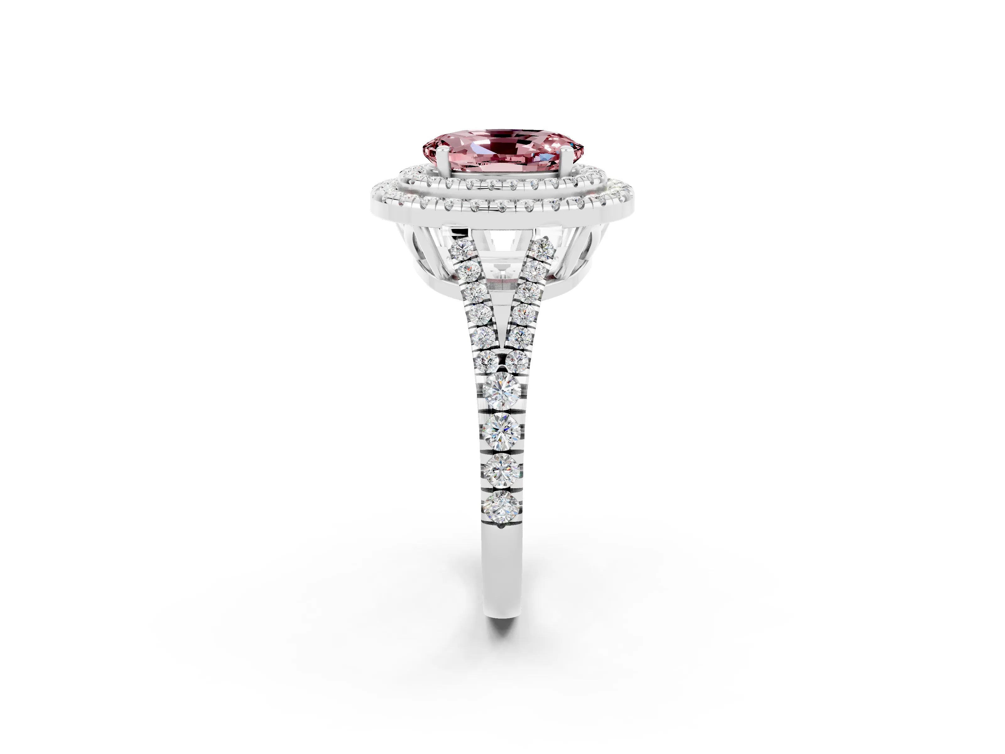 White gold Oval Cut Morganite Double Halo Ring with Pavé Band and Prong Setting_14