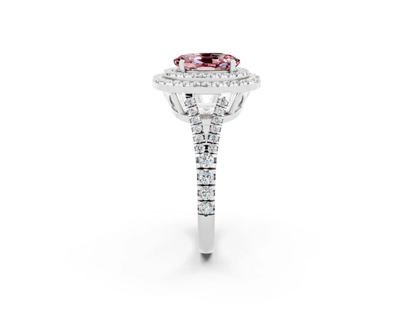 Platinum Oval Cut Morganite Double Halo Ring with Pavé Band and Prong Setting