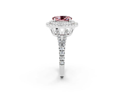 White gold Oval Cut Morganite Double Halo Ring with Pavé Band and Prong Setting_14