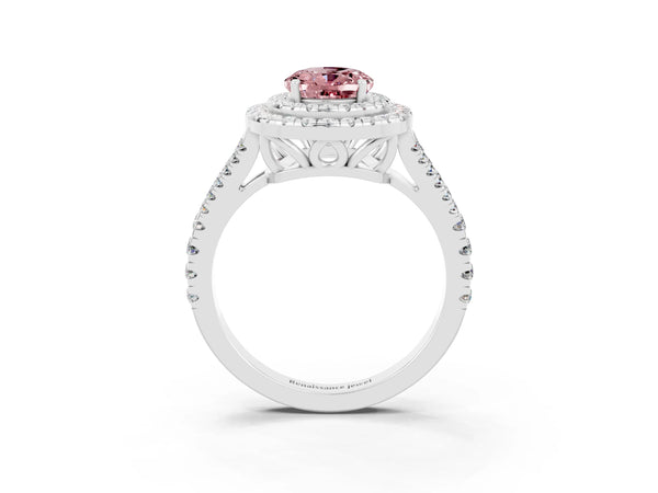 Platinum Oval Cut Morganite Double Halo Ring with Pavé Band and Prong Setting