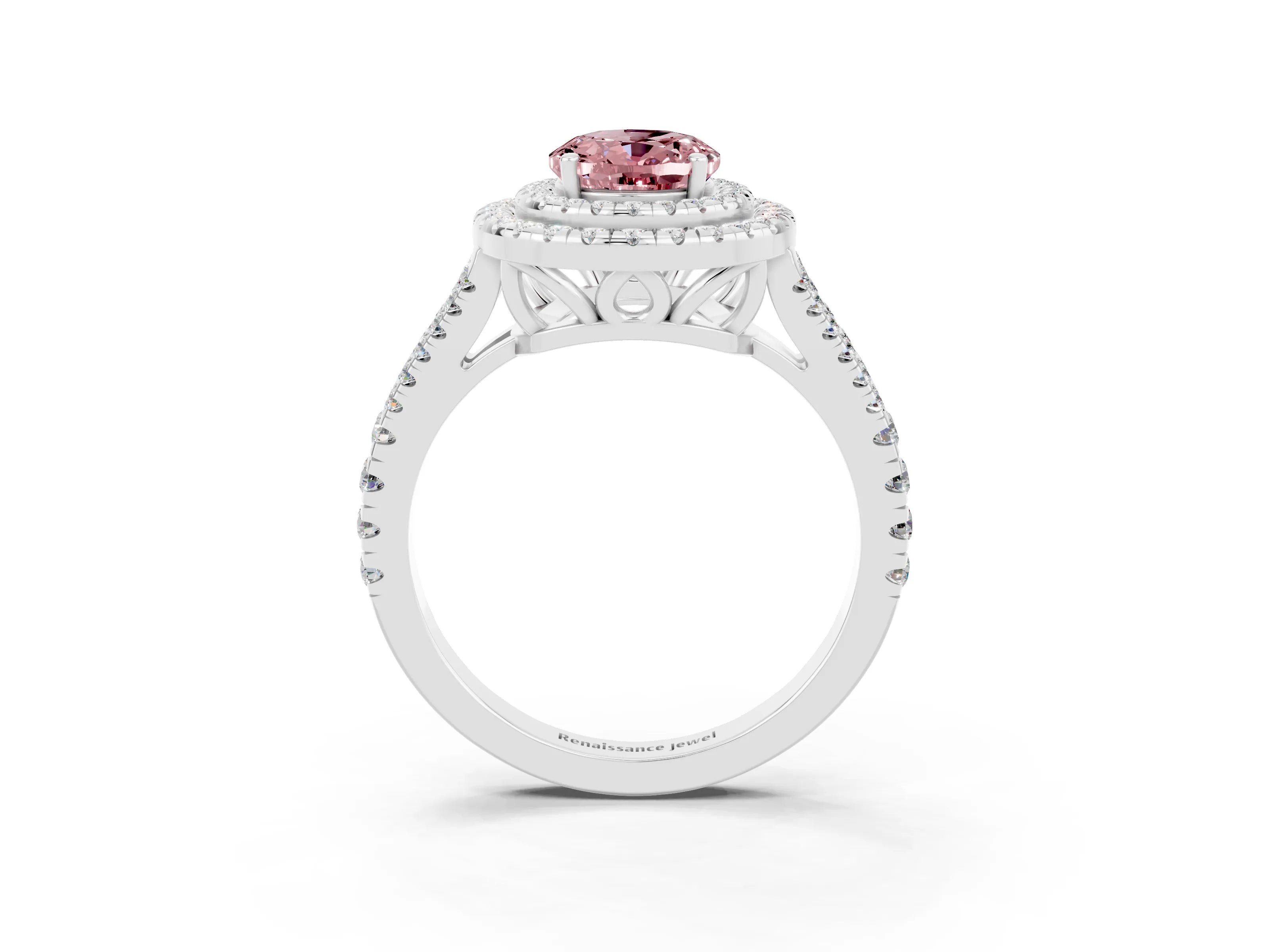 White gold Oval Cut Morganite Double Halo Ring with Pavé Band and Prong Setting_15