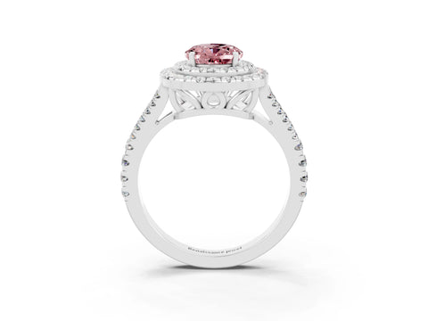 White gold Oval Cut Morganite Double Halo Ring with Pavé Band and Prong Setting_15