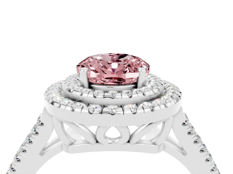 White gold Oval Cut Morganite Double Halo Ring with Pavé Band and Prong Setting_16