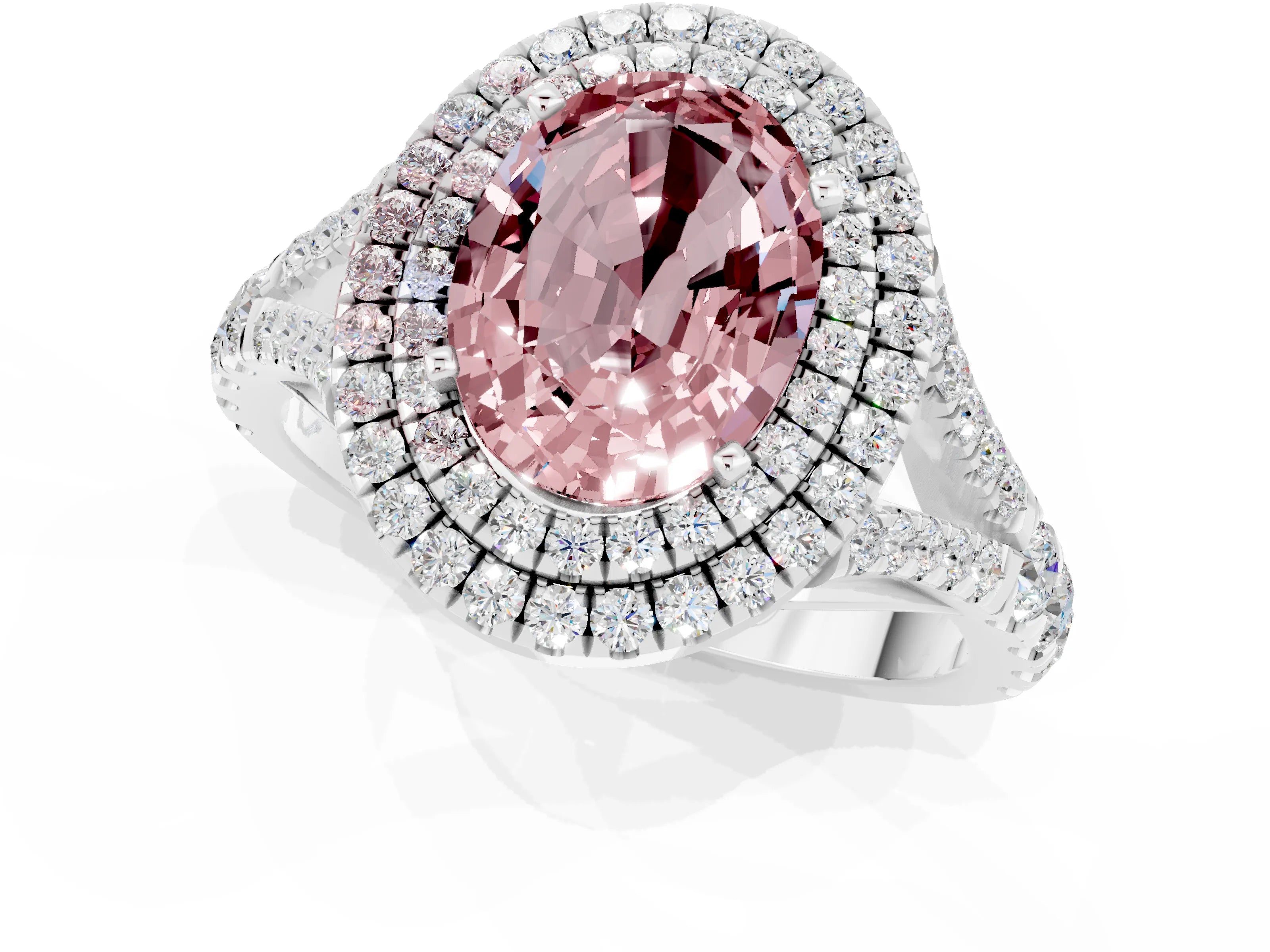 White gold Oval Cut Morganite Double Halo Ring with Split Shank and Prong Setting_13