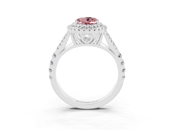 Silver Oval Cut Morganite Double Halo Ring with Split Shank and Prong Setting