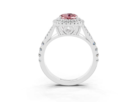 White gold Oval Cut Morganite Double Halo Ring with Split Shank and Prong Setting_15