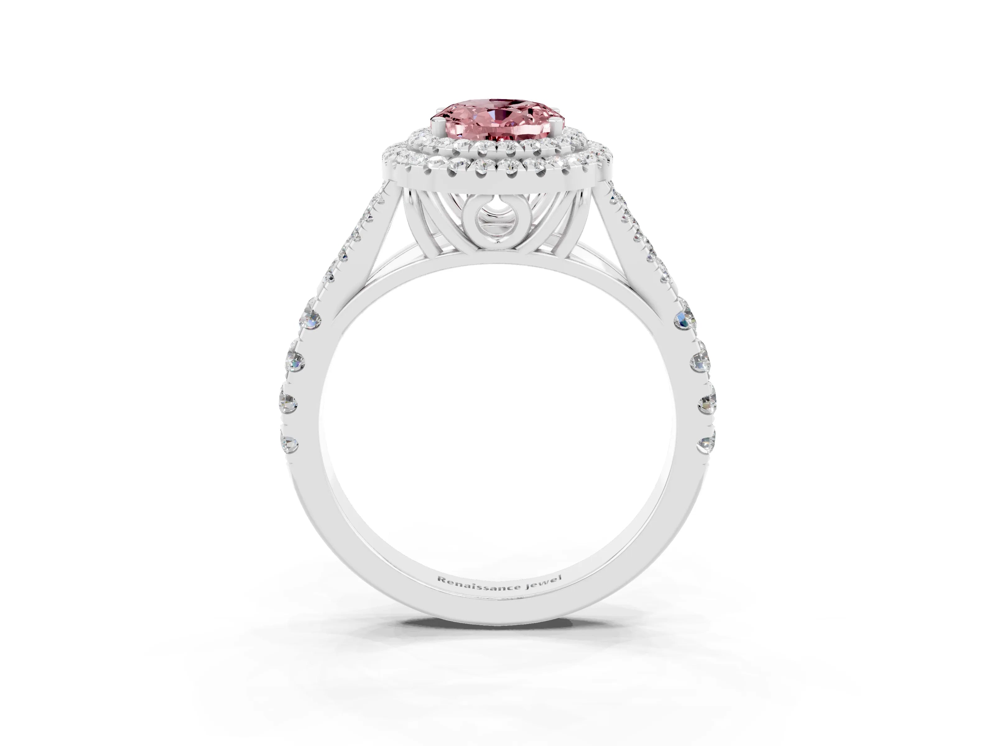 White gold Oval Cut Morganite Double Halo Ring with Split Shank and Prong Setting_27