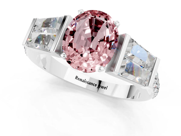 White gold Oval Cut Morganite Engagement Ring with Baguette Side Stones and Channel Set Band
