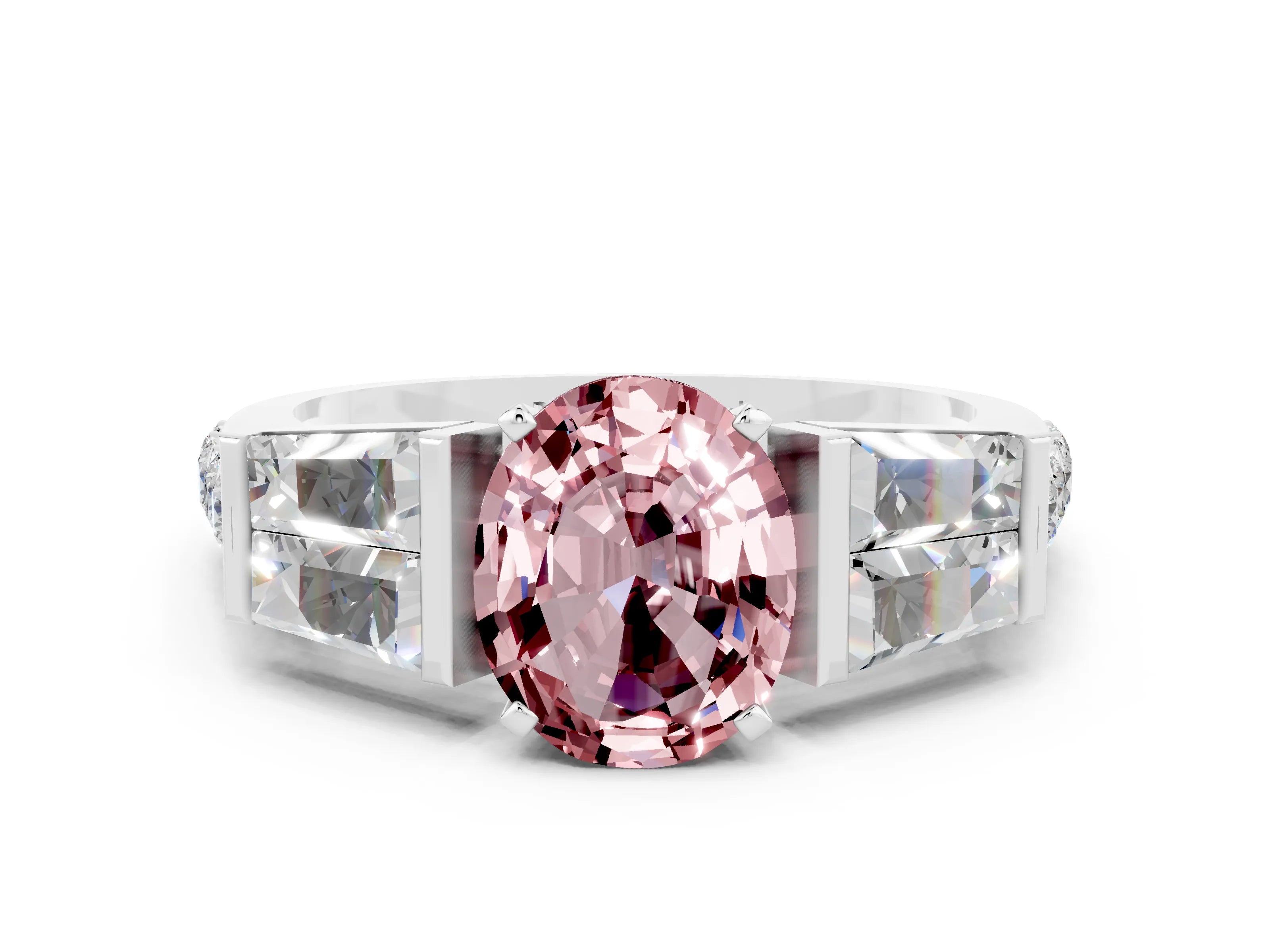 White gold Oval Cut Morganite Engagement Ring with Baguette Side Stones and Channel Set Band