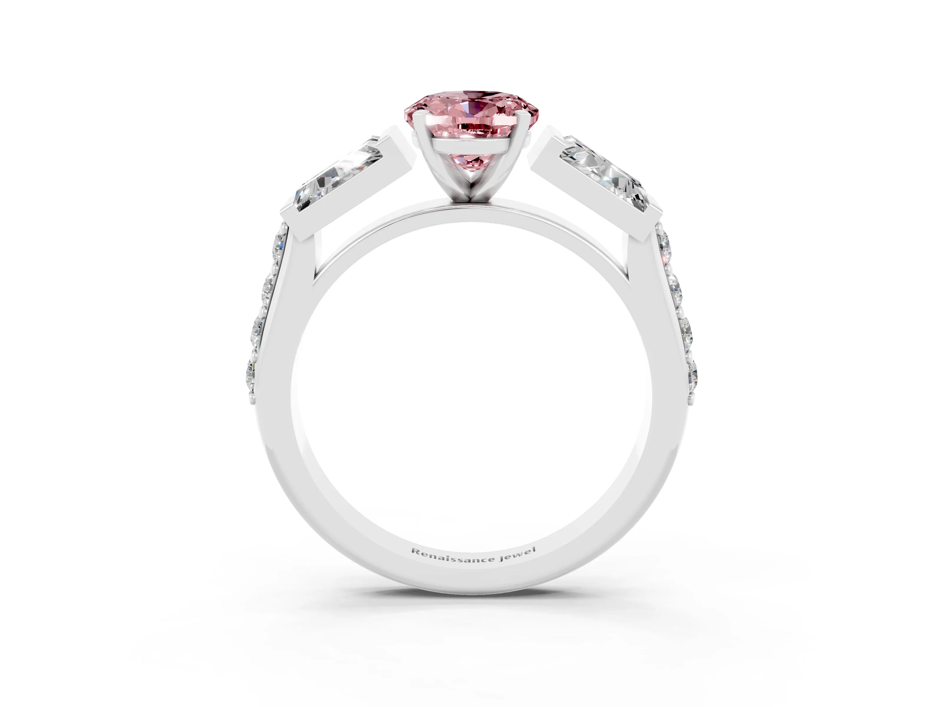White gold Oval Cut Morganite Engagement Ring with Baguette Side Stones and Channel Set Band_3