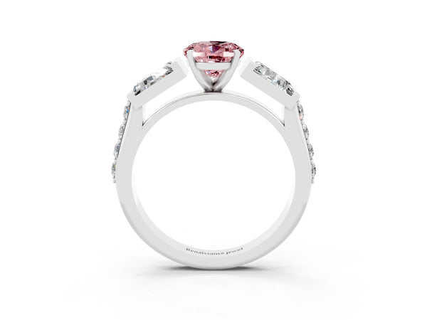 White gold Oval Cut Morganite Engagement Ring with Baguette Side Stones and Channel Set Band