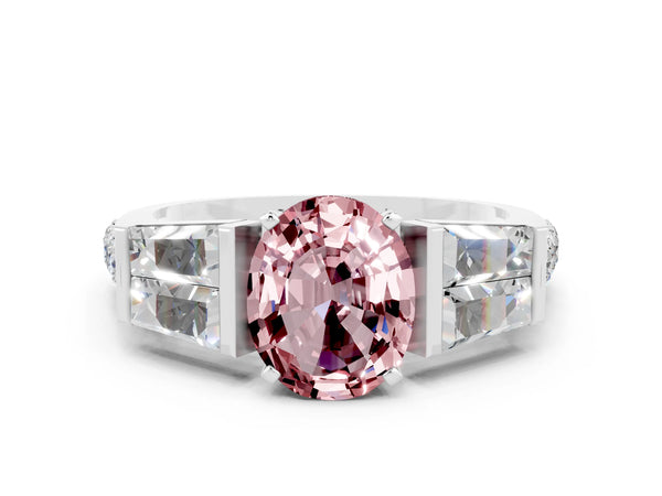 Silver Oval Cut Morganite Engagement Ring with Baguette Side Stones and Channel Set Band