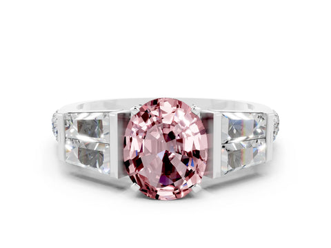 White gold Oval Cut Morganite Engagement Ring with Baguette Side Stones and Channel Set Band