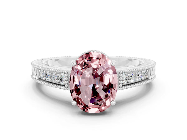Platinum Oval Cut Morganite Engagement Ring with Milgrain Channel Set Band and Prong Setting
