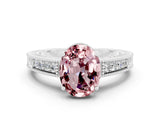White gold Oval Cut Morganite Engagement Ring with Milgrain Channel Set Band and Prong Setting