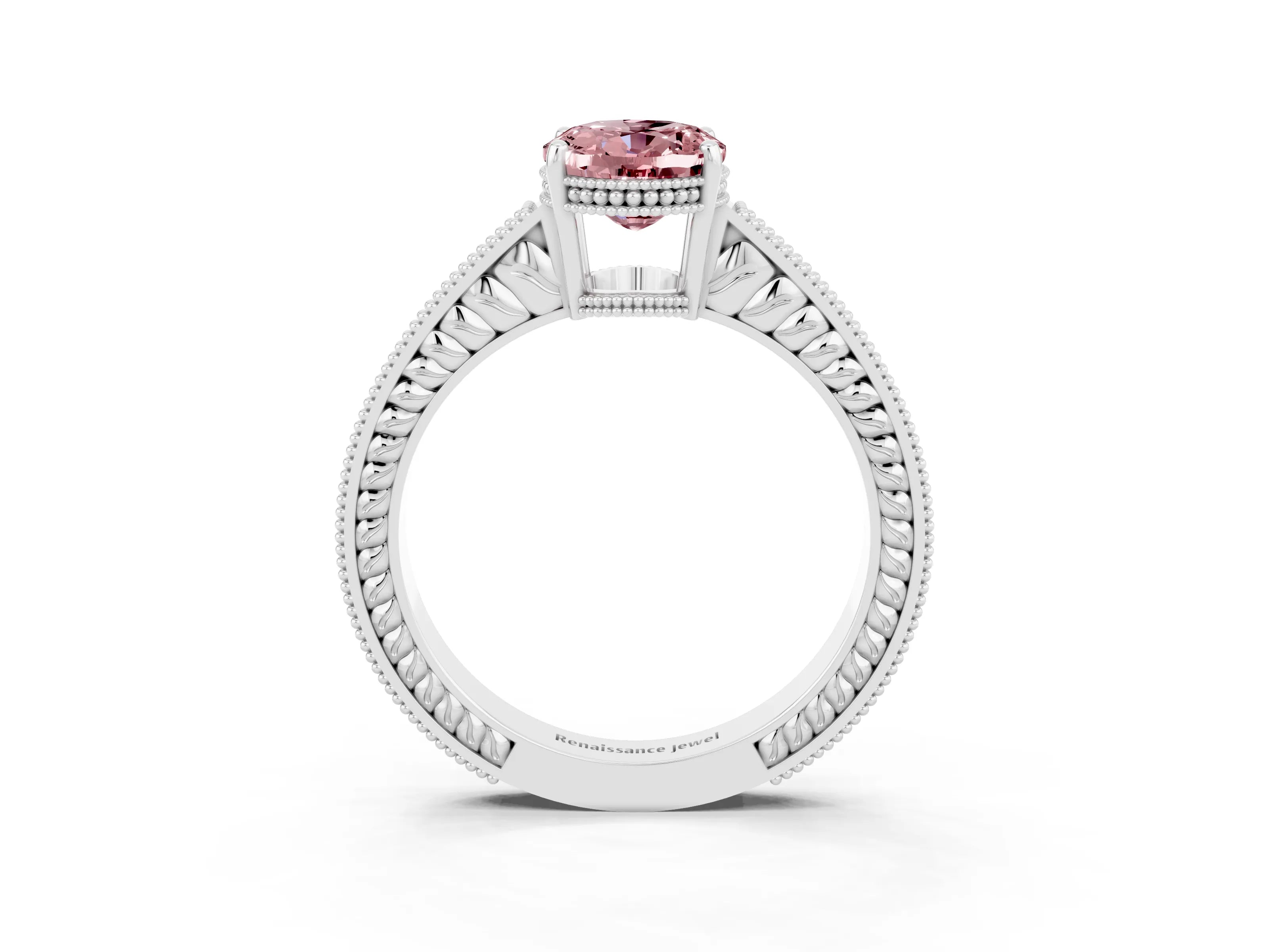 White gold Oval Cut Morganite Engagement Ring with Milgrain Channel Set Band and Prong Setting_3