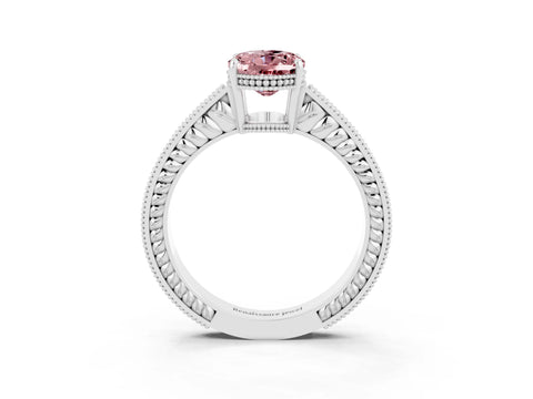 White gold Oval Cut Morganite Engagement Ring with Milgrain Channel Set Band and Prong Setting_3