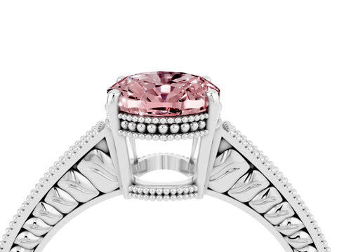White gold Oval Cut Morganite Engagement Ring with Milgrain Channel Set Band and Prong Setting_4