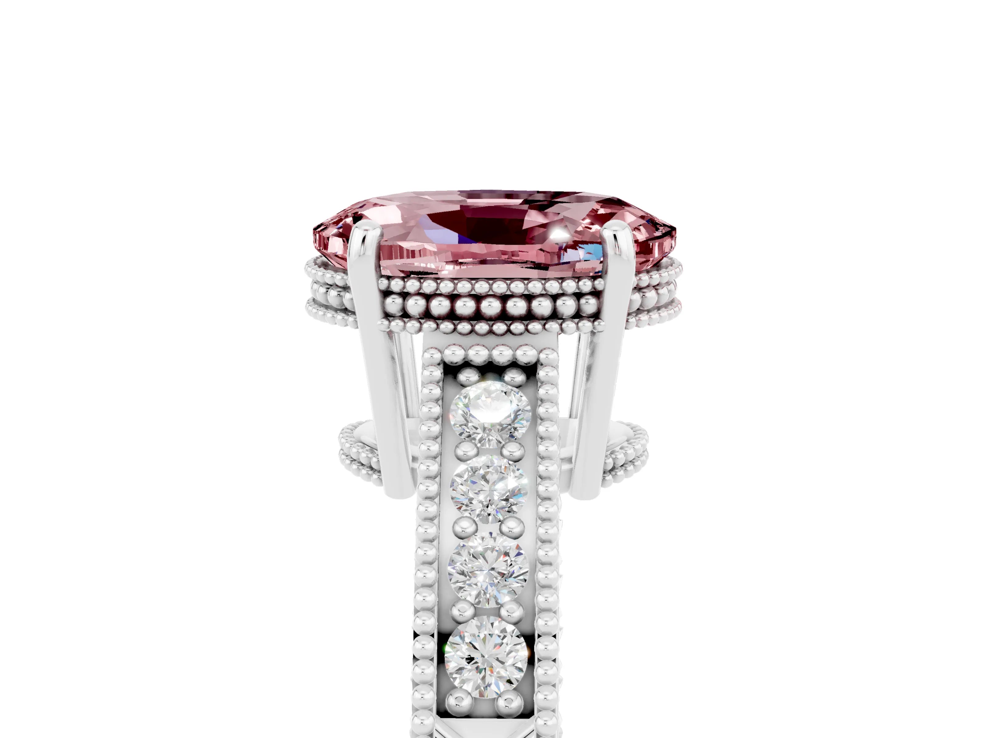 White gold Oval Cut Morganite Engagement Ring with Milgrain Channel Set Band and Prong Setting_5