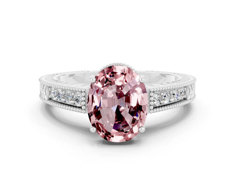White gold Oval Cut Morganite Engagement Ring with Milgrain Channel Set Band and Prong Setting