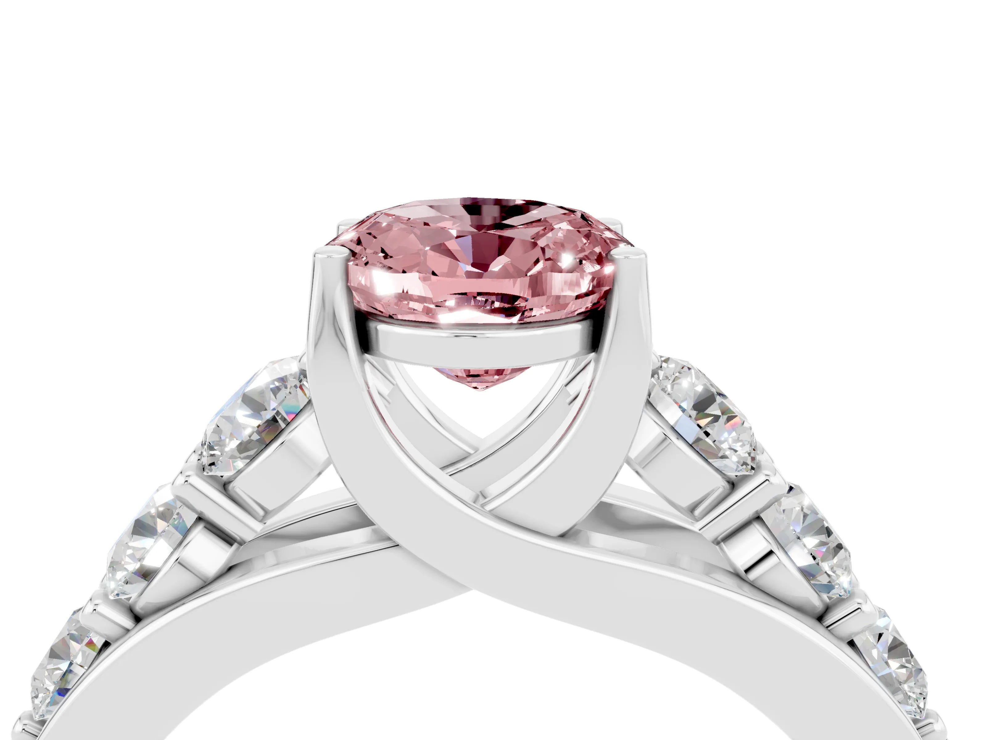 White gold Oval Cut Morganite Engagement Ring with Pavé Band and Four-Prong Setting_4