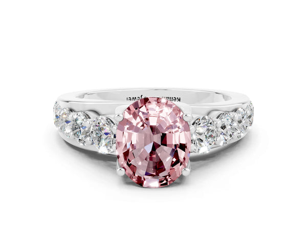 Silver Oval Cut Morganite Engagement Ring with Pavé Band and Four-Prong Setting