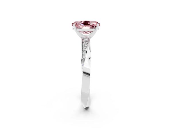 Silver Oval Cut Morganite Engagement Ring with Side Stone Accents and Four-Prong Setting