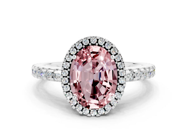 Silver Oval Cut Morganite Halo Engagement Ring with Pavé Band and Prong Setting