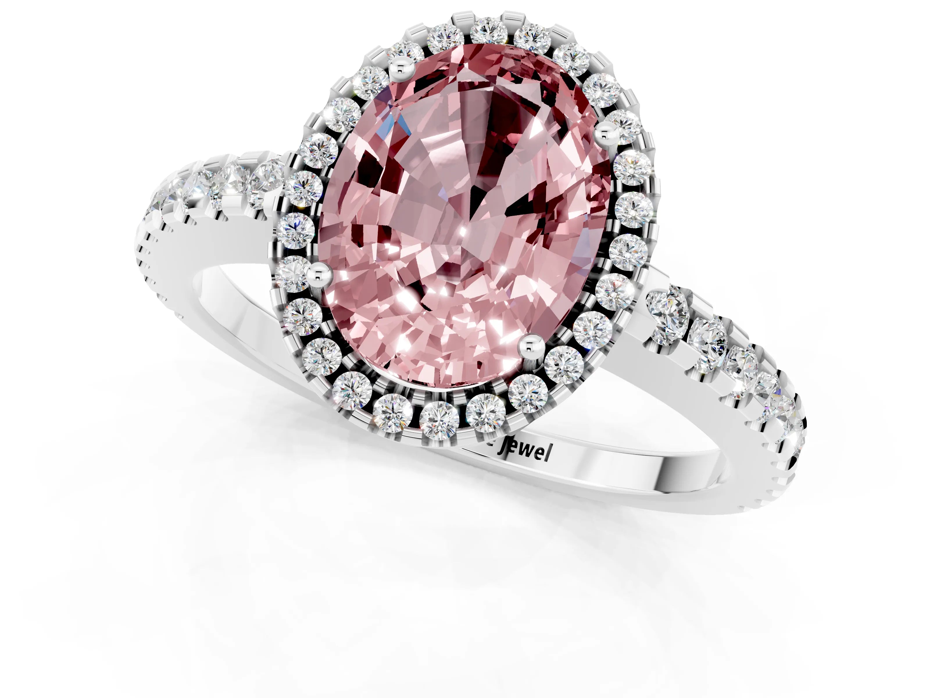 White gold Oval Cut Morganite Halo Engagement Ring with Pavé Band and Prong Setting_13