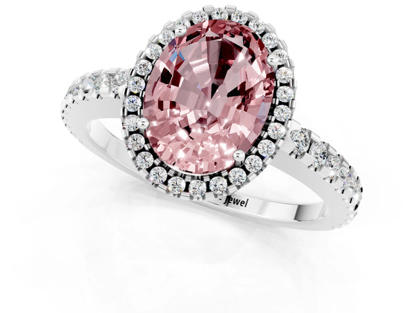 Silver Oval Cut Morganite Halo Engagement Ring with Pavé Band and Prong Setting