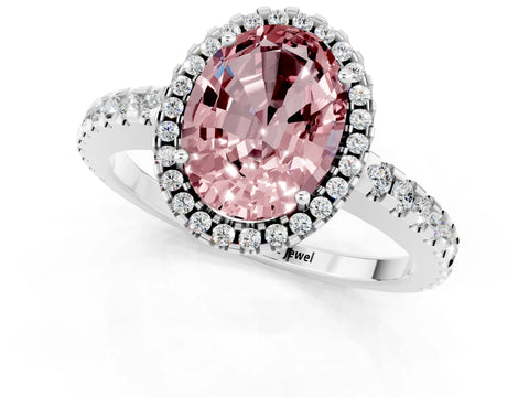 White gold Oval Cut Morganite Halo Engagement Ring with Pavé Band and Prong Setting_13