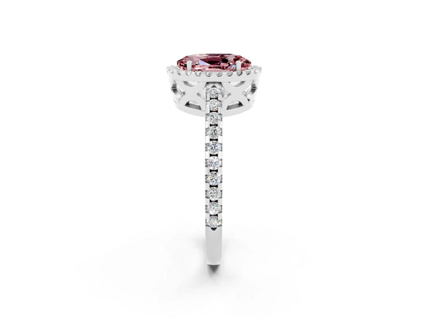 White gold Oval Cut Morganite Halo Engagement Ring with Pavé Band and Prong Setting