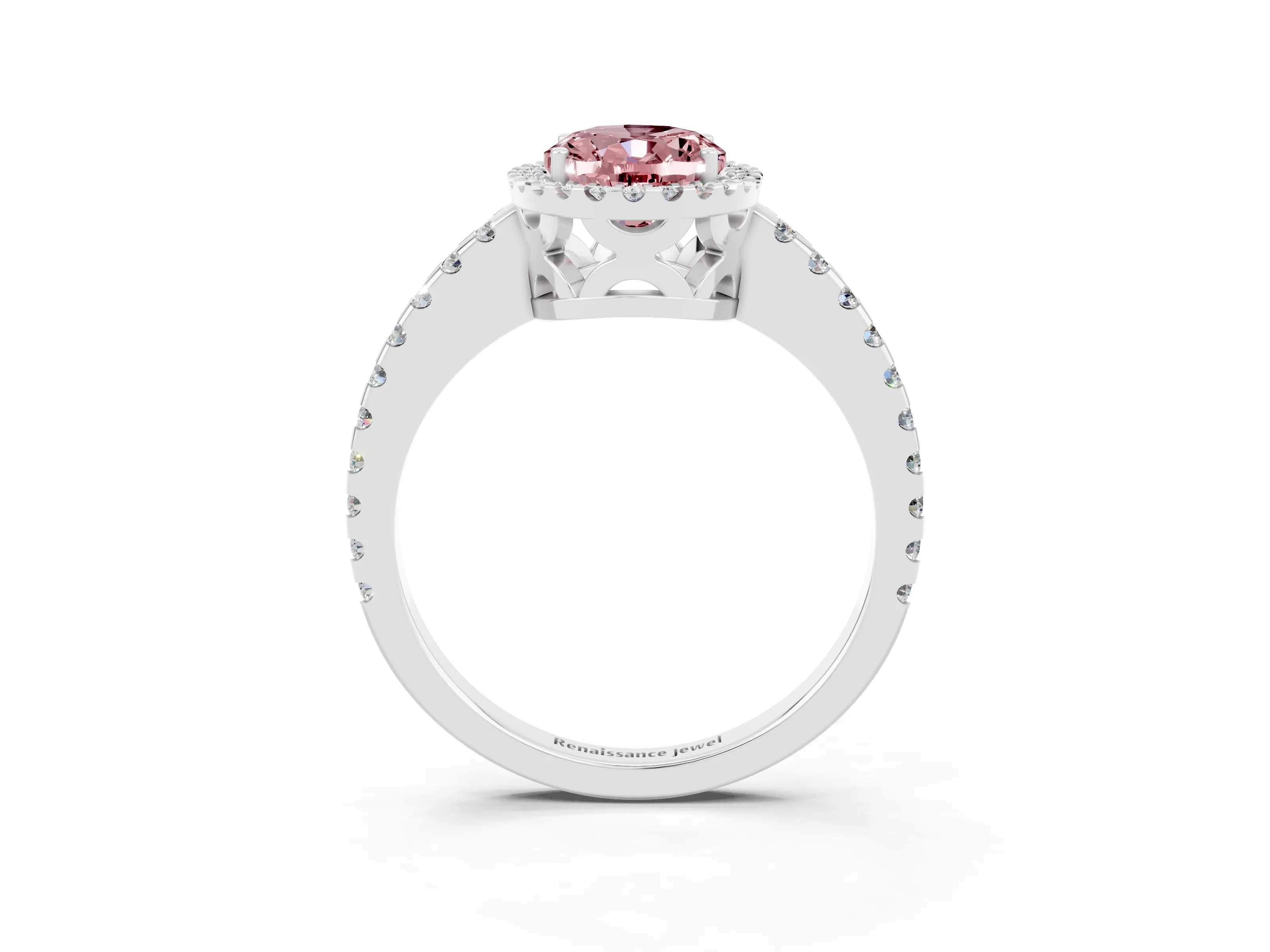 White gold Oval Cut Morganite Halo Engagement Ring with Pavé Band and Prong Setting_15