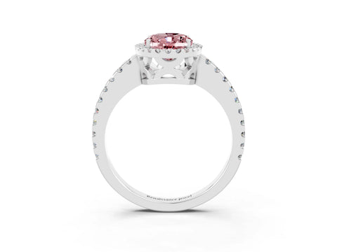 White gold Oval Cut Morganite Halo Engagement Ring with Pavé Band and Prong Setting_15