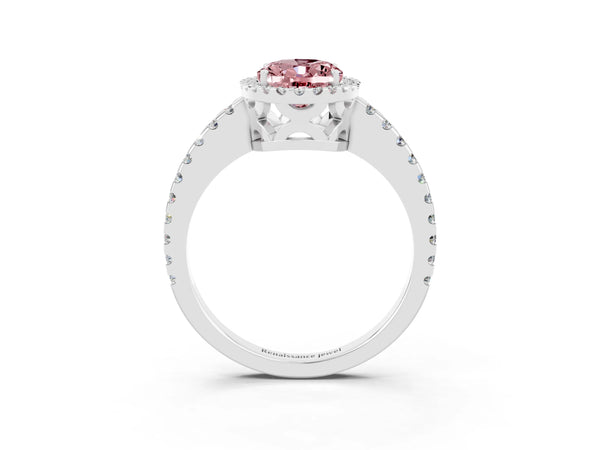 Silver Oval Cut Morganite Halo Engagement Ring with Pavé Band and Prong Setting