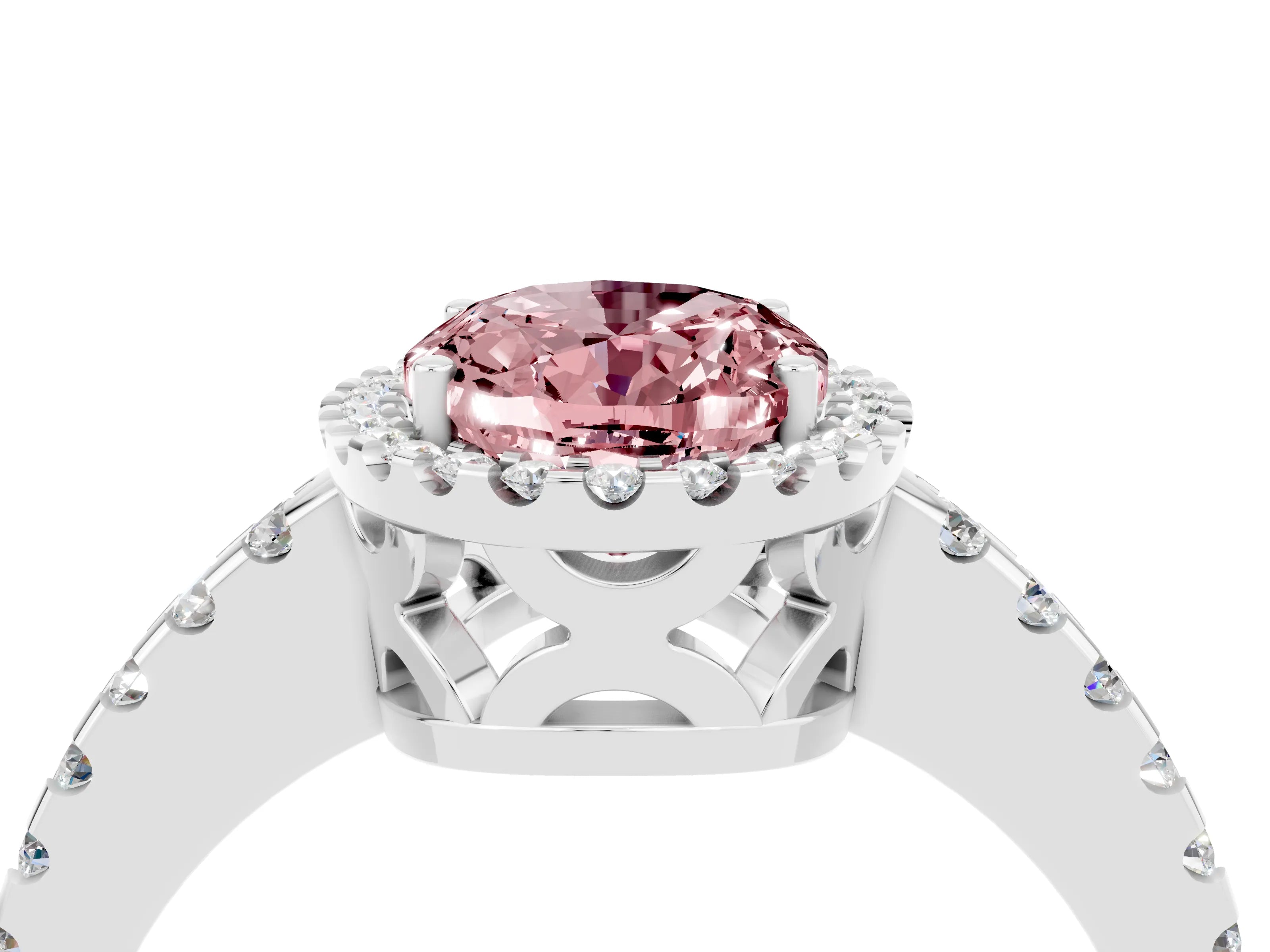 White gold Oval Cut Morganite Halo Engagement Ring with Pavé Band and Prong Setting_16