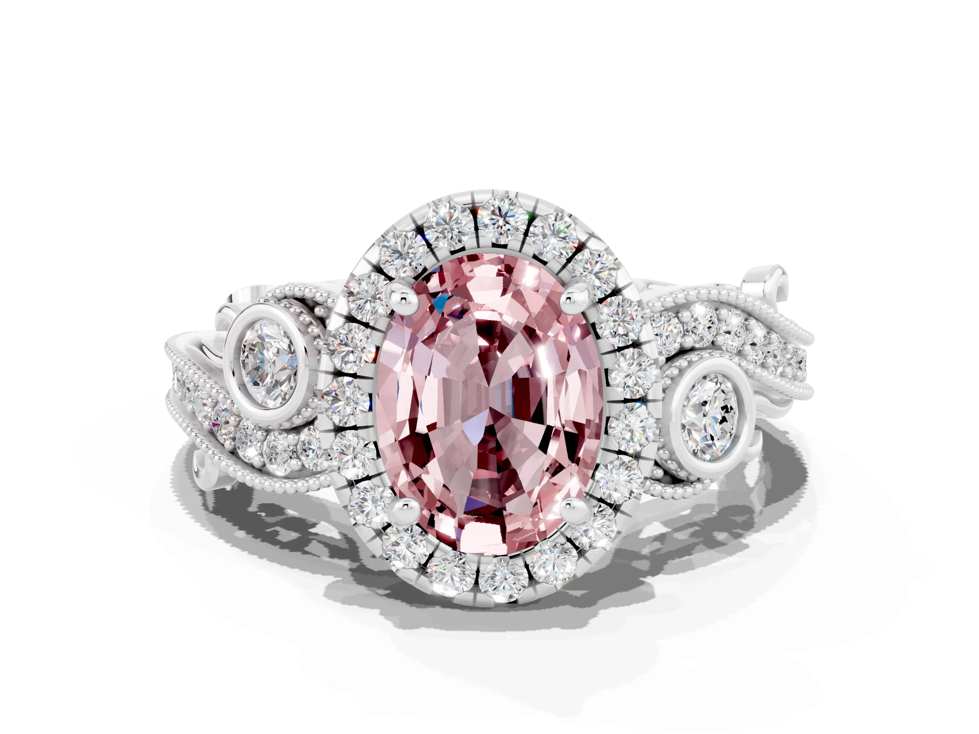 White gold Oval Cut Morganite Halo Ring with Milgrain Pavé Band and Four-Prong Setting_12