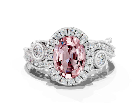 White gold Oval Cut Morganite Halo Ring with Milgrain Pavé Band and Four-Prong Setting_12